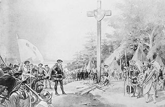 Toile qui montre Jacques Cartier dressant sa croix à la Pointe Penouille.