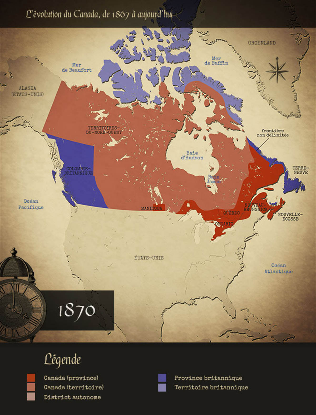 Carte du Canada au moment de l'entrée du Manitoba dans la Confédération.