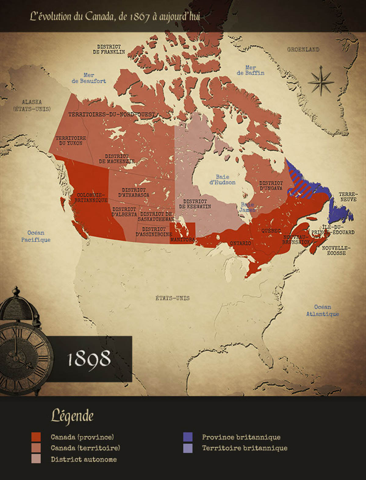 Carte du Canada au moment de l'entrée du Yukon dans la Confédération.