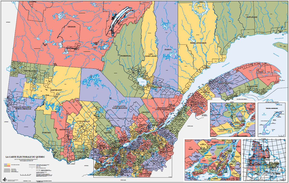 La carte électorale du Québec, les 125 circonscriptions, 2017.